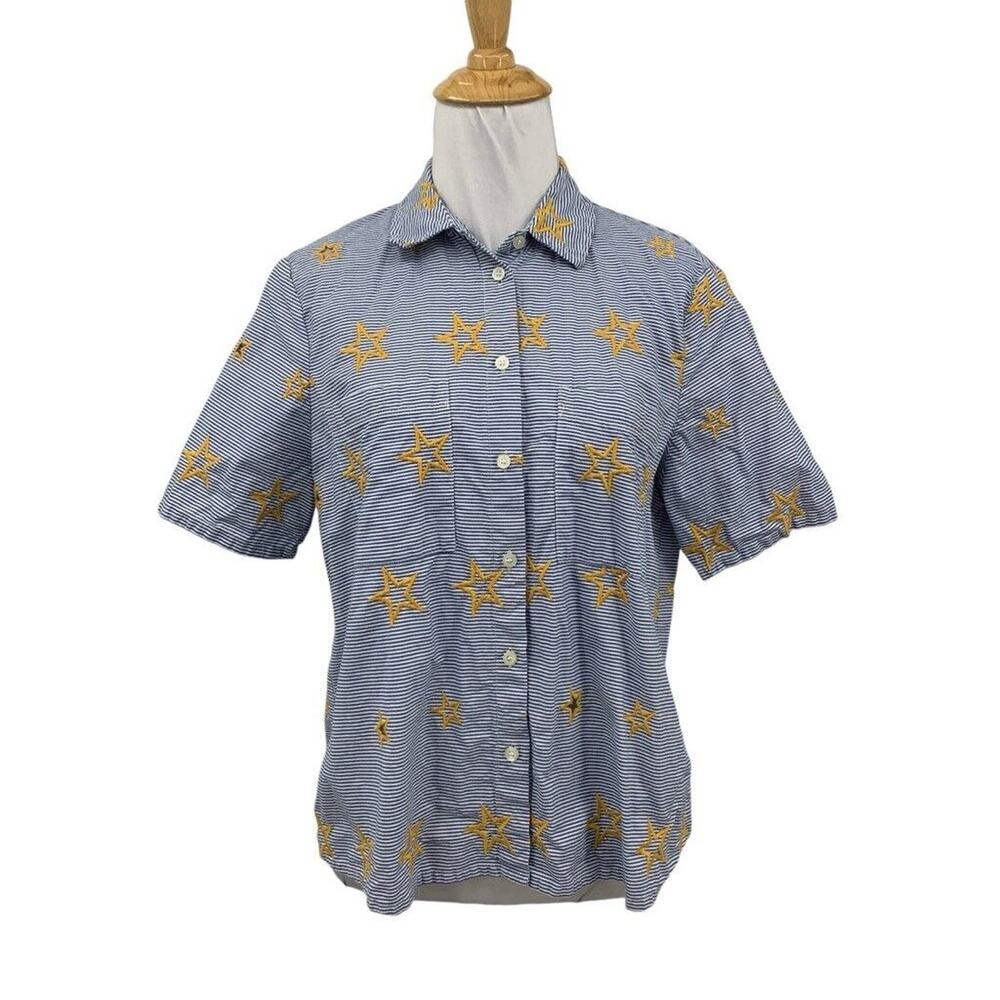 Madewell Shirt Womens M Medium Cotton Star Embroidered Striped Button Up Top